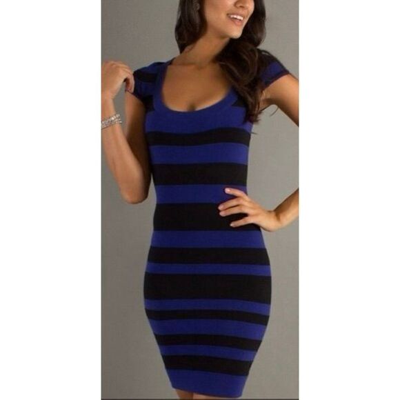 ✨French Connection Black & Navy Striped Bodycon Dress✨ - Picture 1 of 6